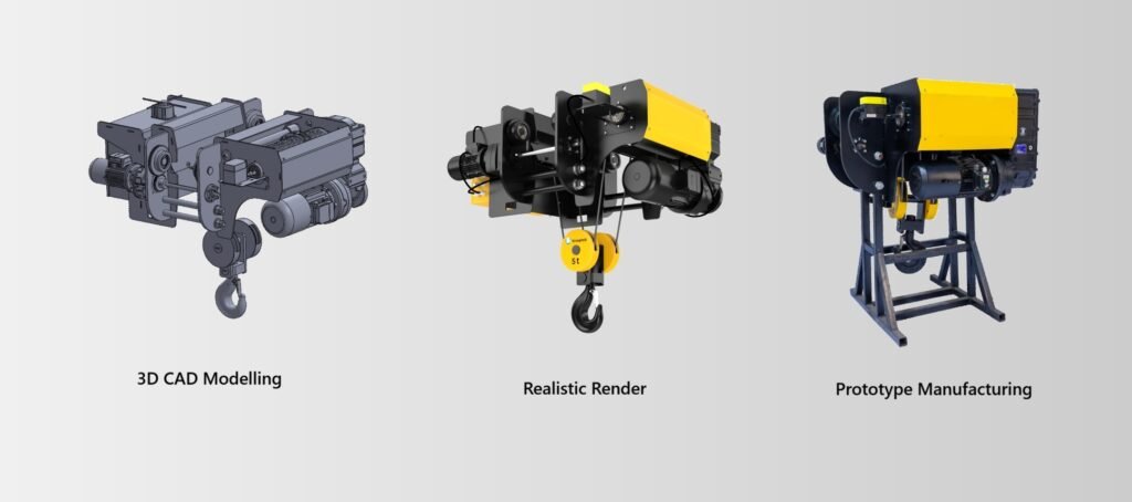 wire rope hoist design process from 3d CAD model to render to manufacturing