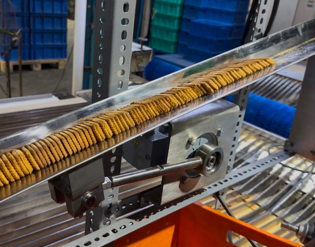 Close up view of vibrating biscuit feeder in factory