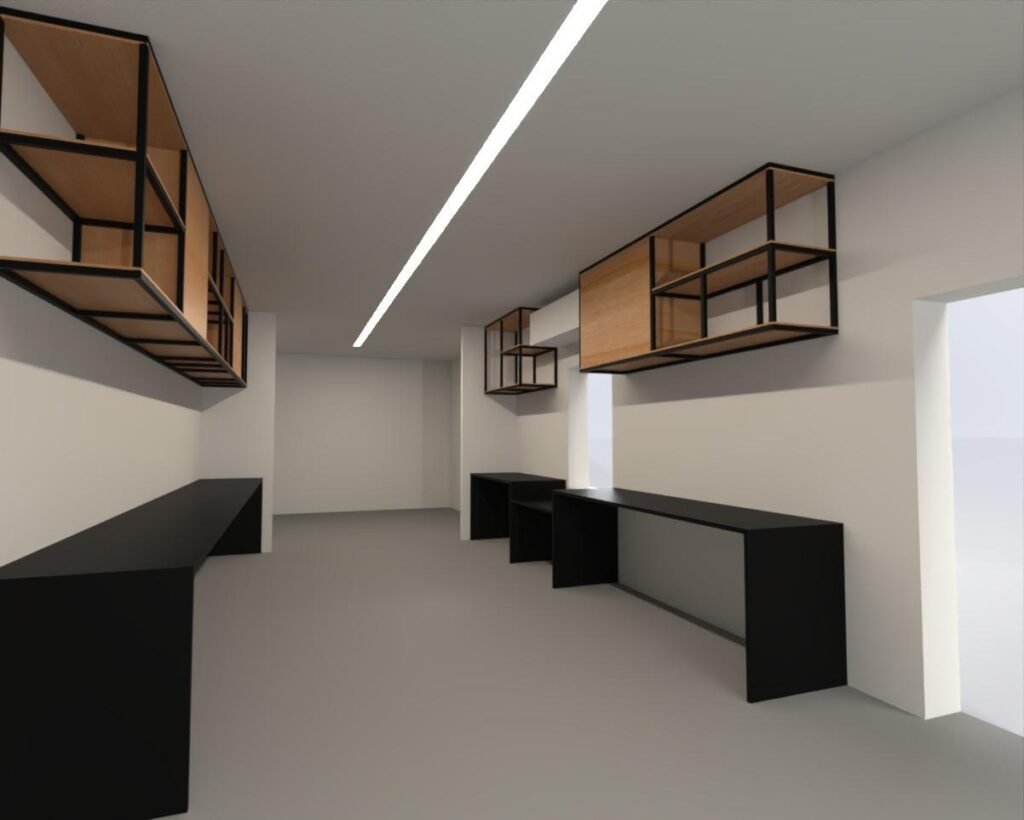 Fabricated cabinet in an office mounted render