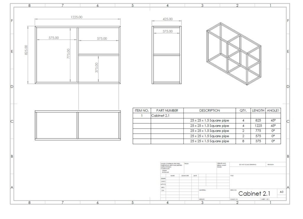 Fabricated box 2d engineering drawing