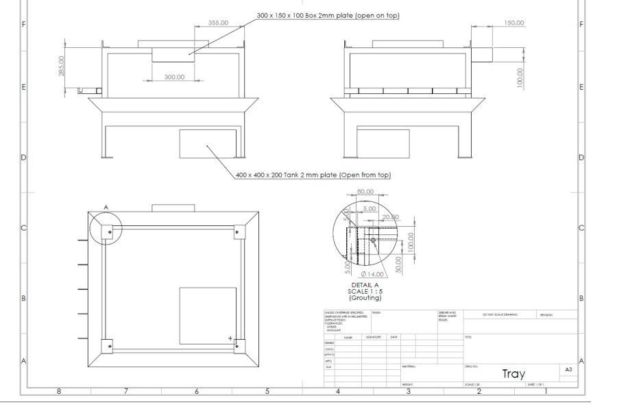 Complex engineering drawing of Stainless steel structure with precise dimensions and GD&T