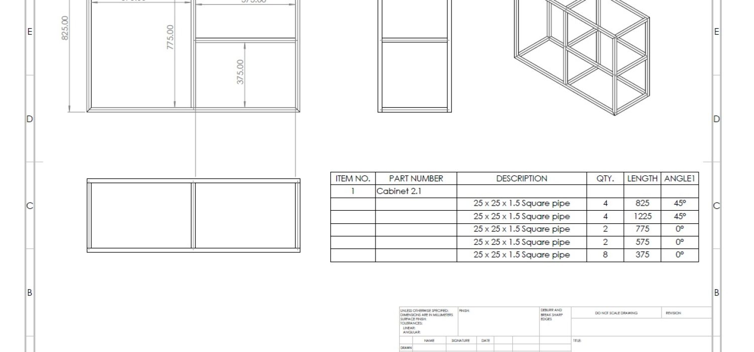 Fabricated Cabinet System CAD Development Engineering technical drawing of a Cabinet with accurate measurement